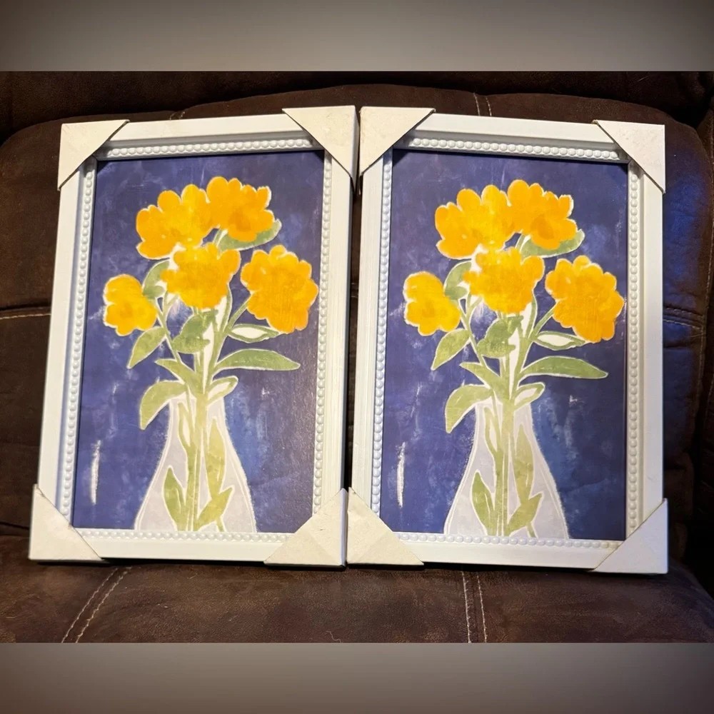 Framed Yellow Floral Print Pair - White Frame